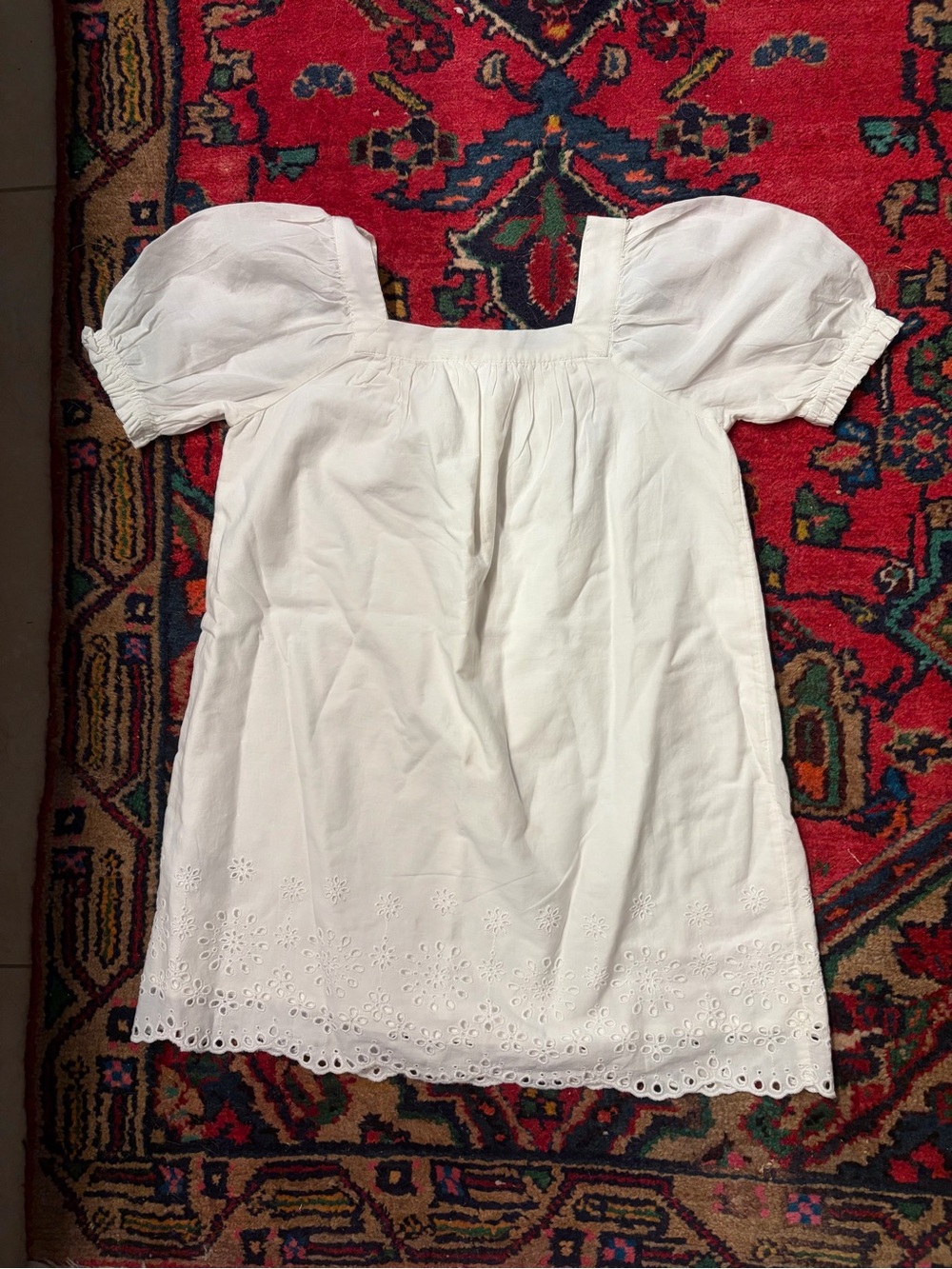 Girls' White Eyelet Cotton Dress with Puff Sleeves